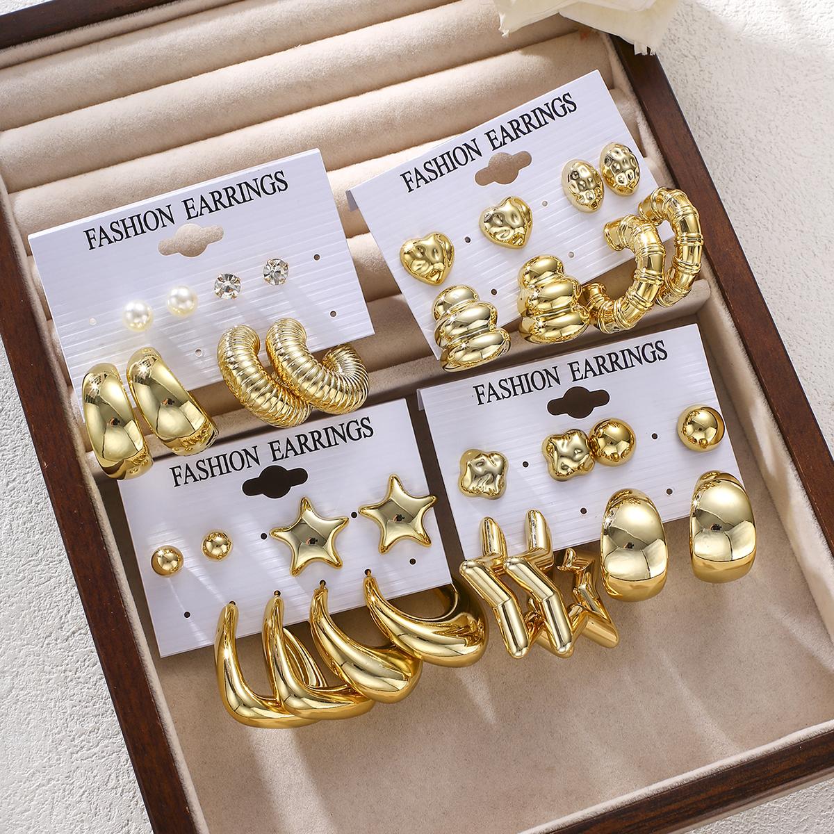 

16 Pairs Punk Geometry CCB Earrings Set For Women Fashion Creative Pearl Water Drop Heart Thick Stud Earring Daily Party Jewelry