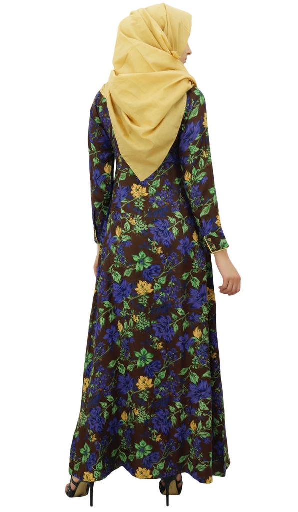 Bimba Womens Muslim Printed Jilbab Dress Designer Abaya With Pockets & Hijab