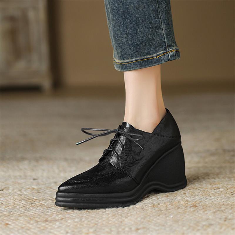 Mode Neue Frühling Schafleder Damen Schuhe Spitze Zehenpartie Damen Pumps Plateau Schuhe für Damen Schnürung Hoher Absatz Keilabsatz Slipper Damenschuhe