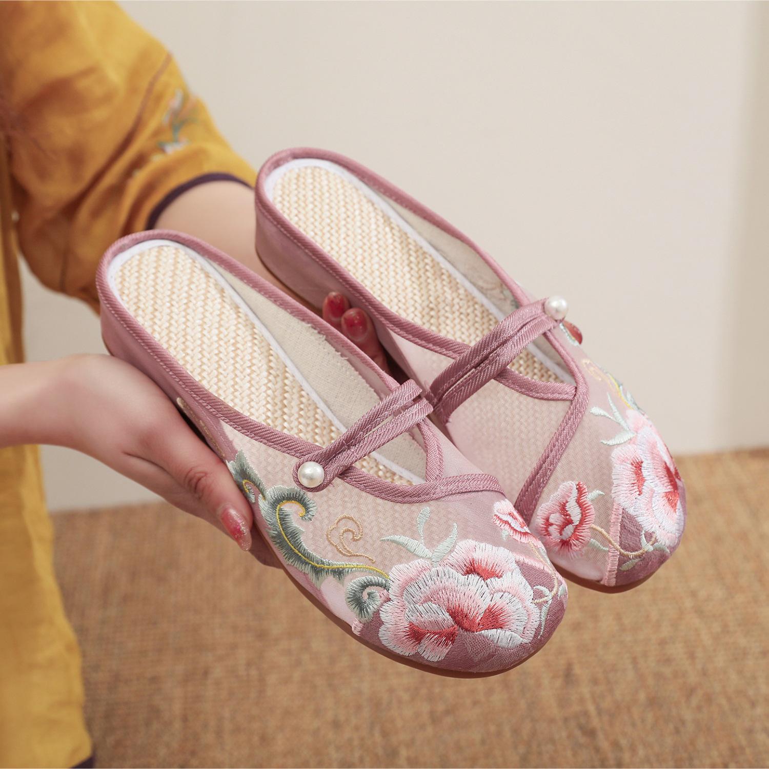 

Хуа Роу 2024 Лето Вышитые Женские Сетчатые Туфли на Низком Каблуке - Стиль Старого Пекина 36 розовый