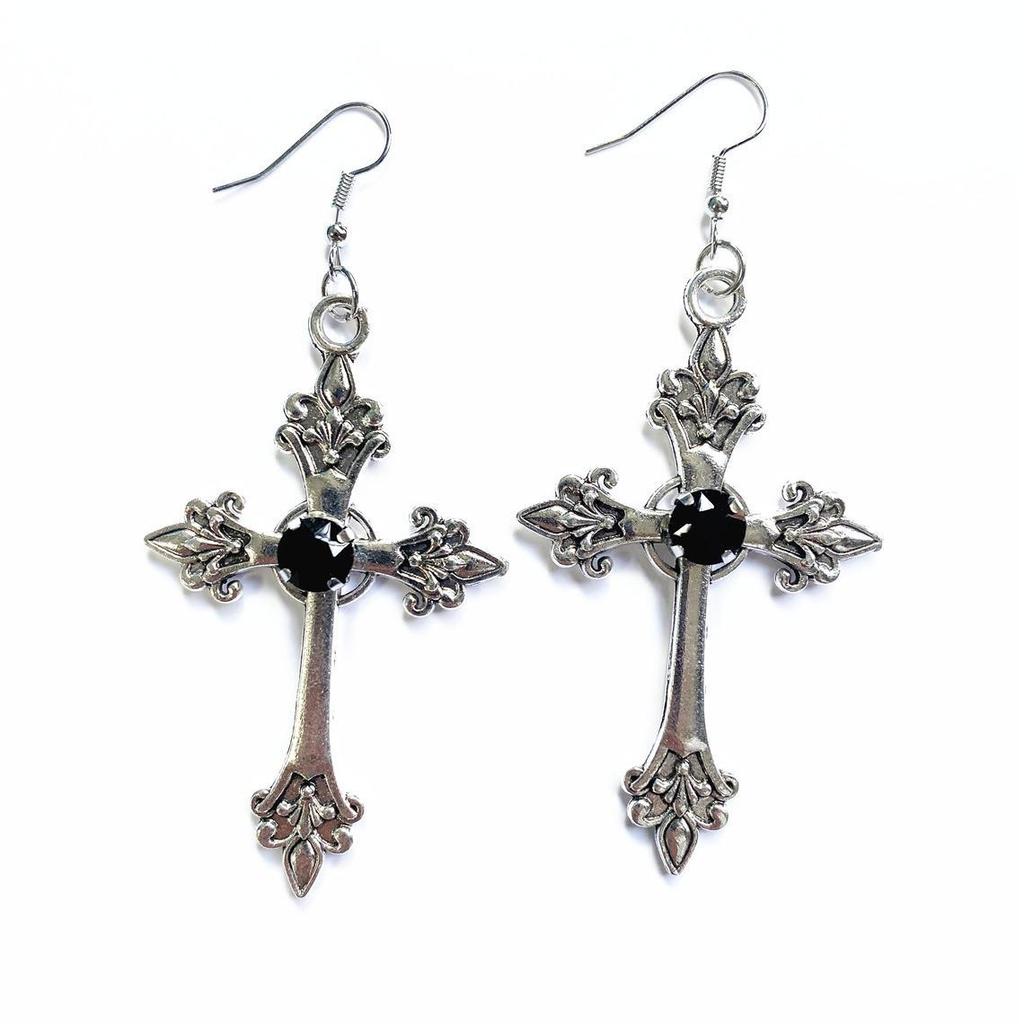 Popular Oversized Rhinestone Cross Earrings - Silver Tone Gothic Punk Fashion