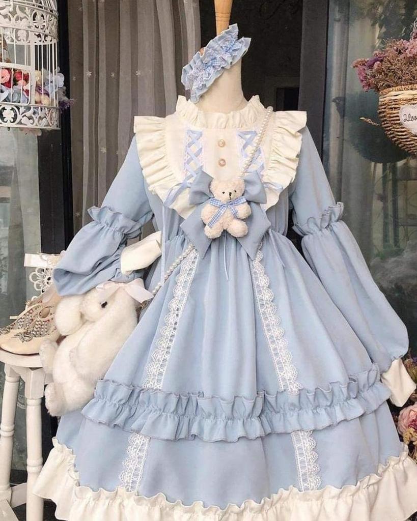 Happy Berry Cute Lolita Long with Bear Perfect for and Events Dress, Sleeves, Ribbon, Christmas, Halloween, (Light Blue)