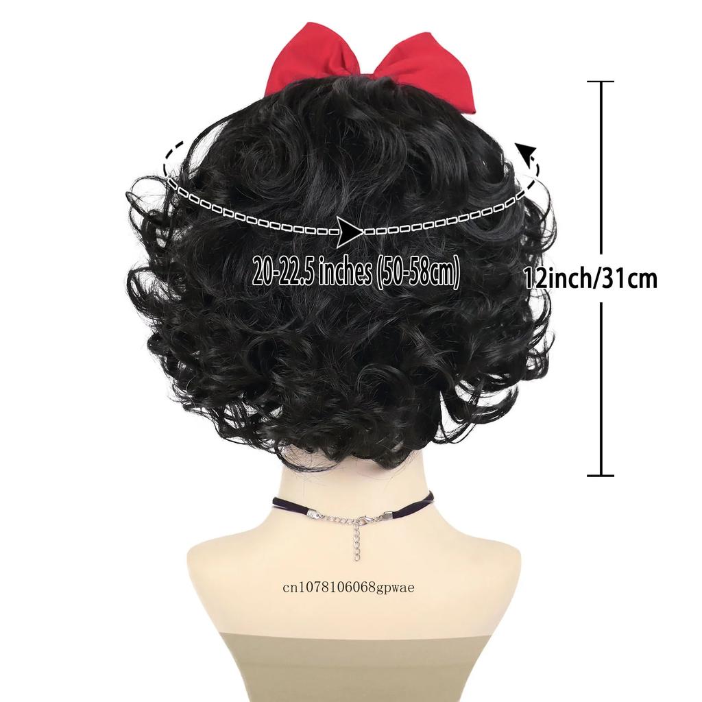 Short Black Curly Synthetic Wig for Women Snow White Cosplay Wigs with Red Bow Costume Anime Wig Halloween Party Heat Resistant