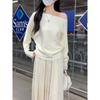 Kumikumi Gentle Temperament Sloping Shoulder Long Sleeve Knit Women Clothes Autumn Slimming All-Match Solid off-Shoulder Top