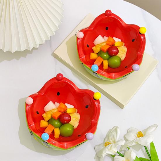 1 Set Watermelon Shape Fruit Bowl with Forks Cute Ceramic Dessert Fruit Serving Dish for Home Kitchen Dishwasher Safe Snack Bowl