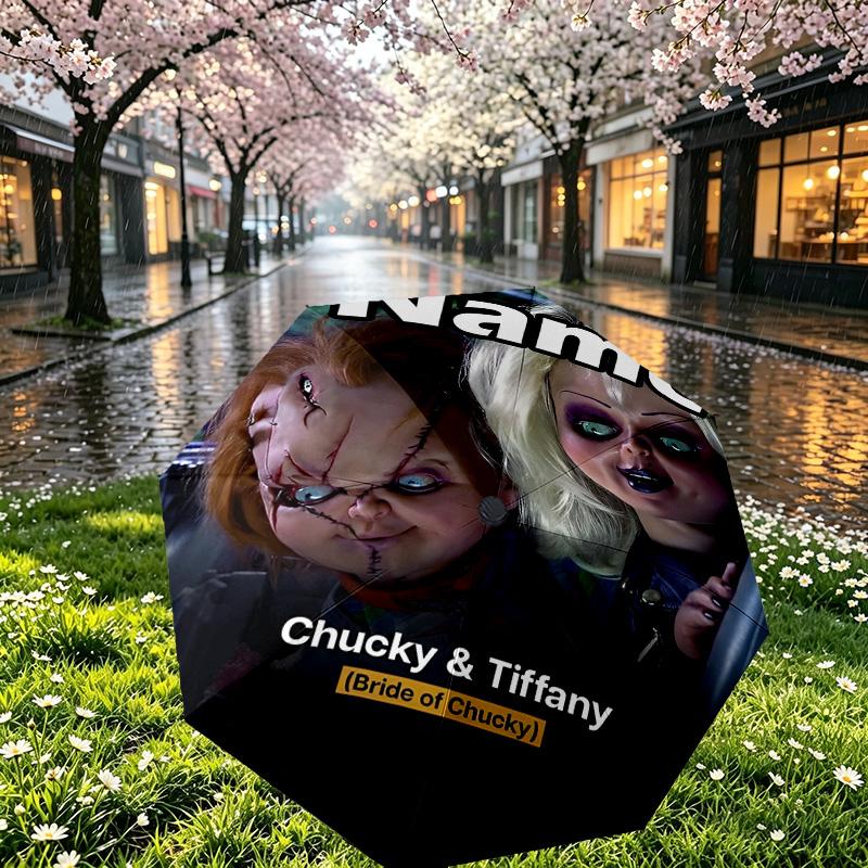 Custom Name Personalized Bride of Chucky Print Umbrella, Auto Open Close, 8‑Rib Sturdy Frame, Commute Camping Hiking Use, Birthday Gift