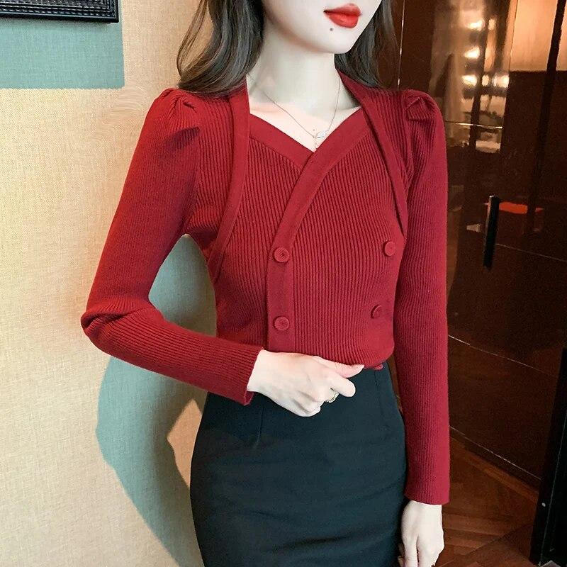 Rödrandig Långärmad O-hals Dam Tröjor Ull Bottom Tops Cardigan Jumper Stickad Tröja Dam Vinterkläder 29525