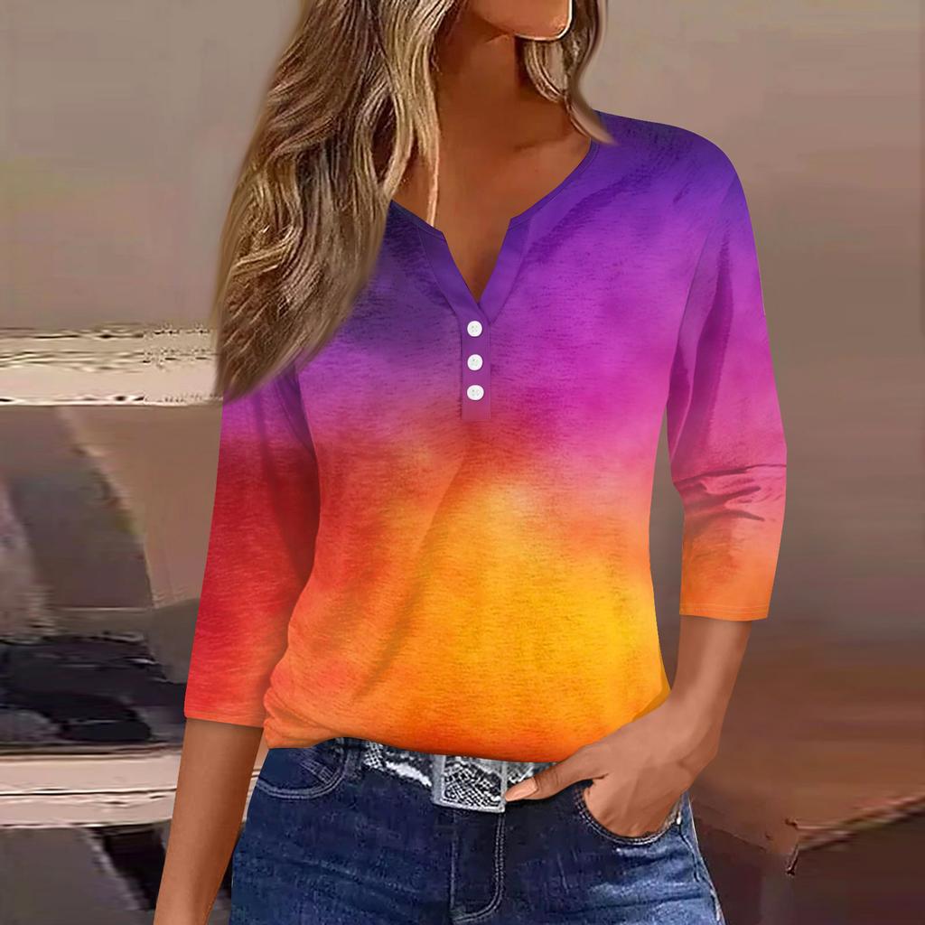 Damen T-Shirt mit Aufdruck, Knopfleiste, 3/4-Ärmel, modisch für den Alltag und das Wochenende, Basic, V-Ausschnitt, normales Oberteil