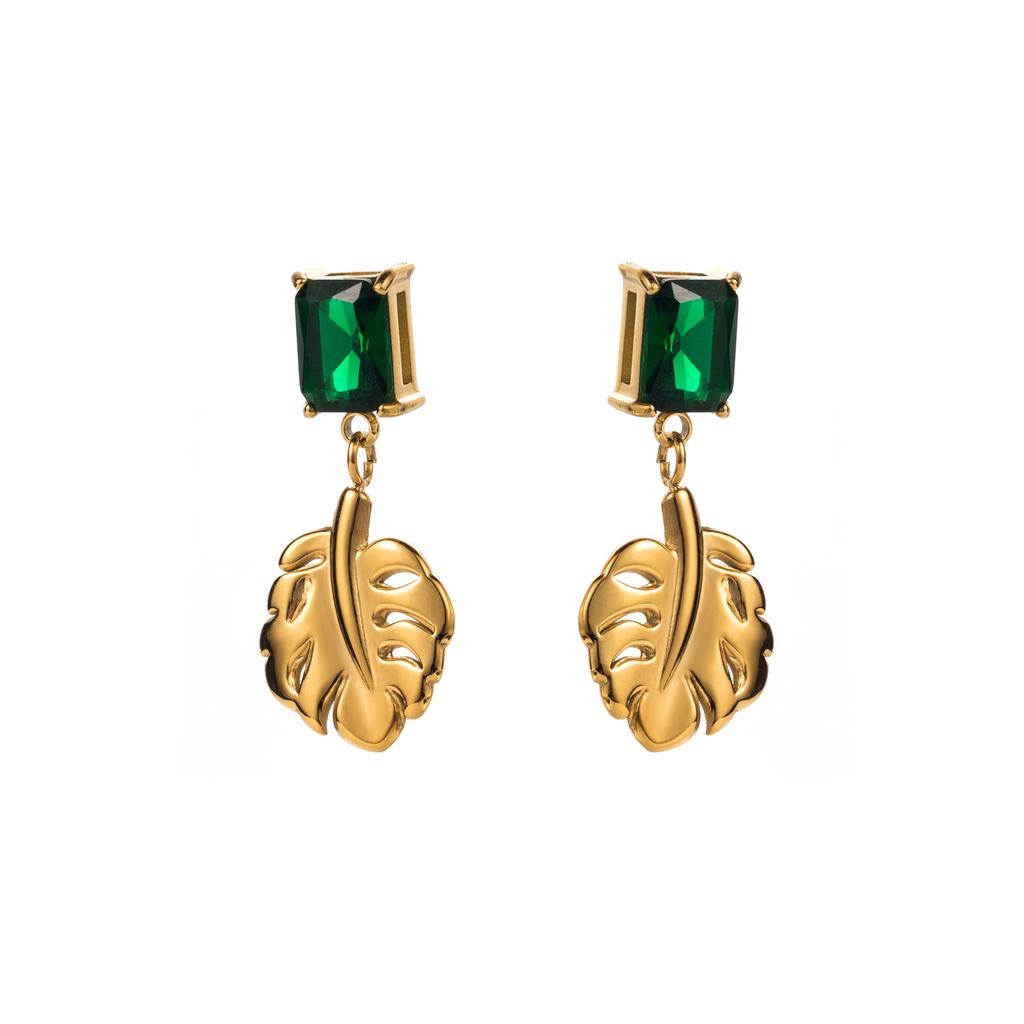 Gorgeous Vintage Stainless Steel Leaf Earrings with Zirconium Stones