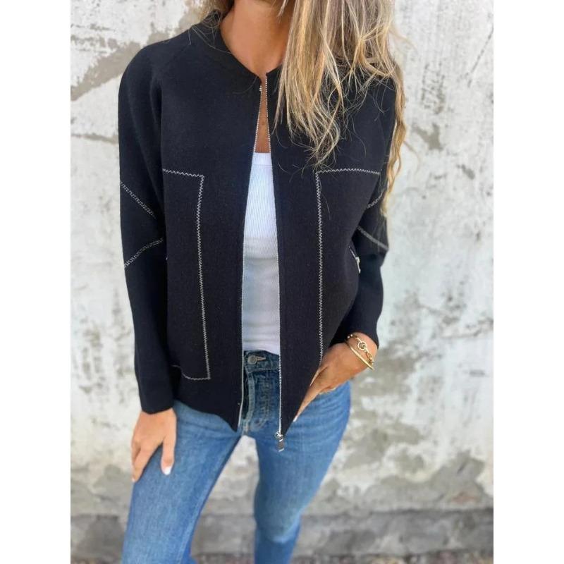 Осенне-зимняя женская повседневная куртка на молнии однотонная, повседневная модная однотонная куртка-кардиган с карманами женская S чёрный