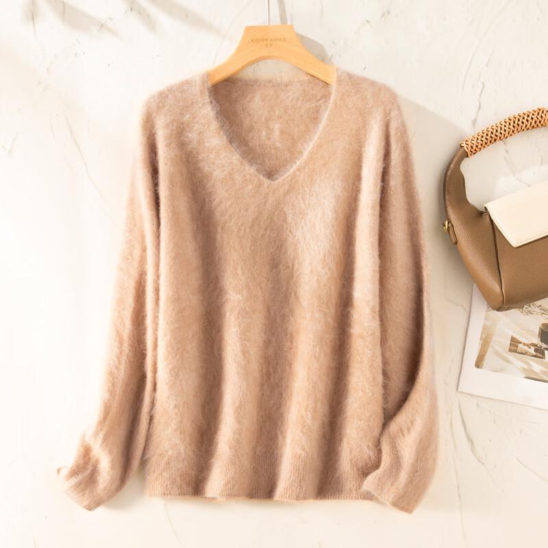 TUHUANG Women's Seamless Brushed Pure Cashmere V-Neck Sweater