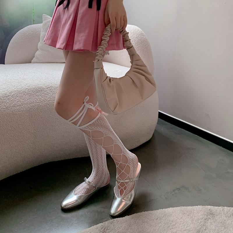 Openwork Lace Fishnet Knee Length Socks for Women with Bows Tie Detail, Slouch Fashion Legwear for Party Outfits and Daily Looks
