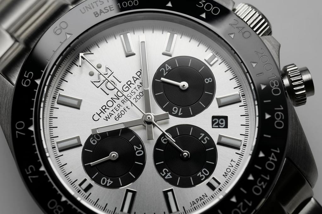 NUEVO modelo Reloj Cronógrafo Hyakuichi Reloj 20 ATM Resistente al Agua Fecha Cuarzo Bisel de Cerámica Panda Plateado SSV [HYAKUICHI 101] de Buceo para Hombre