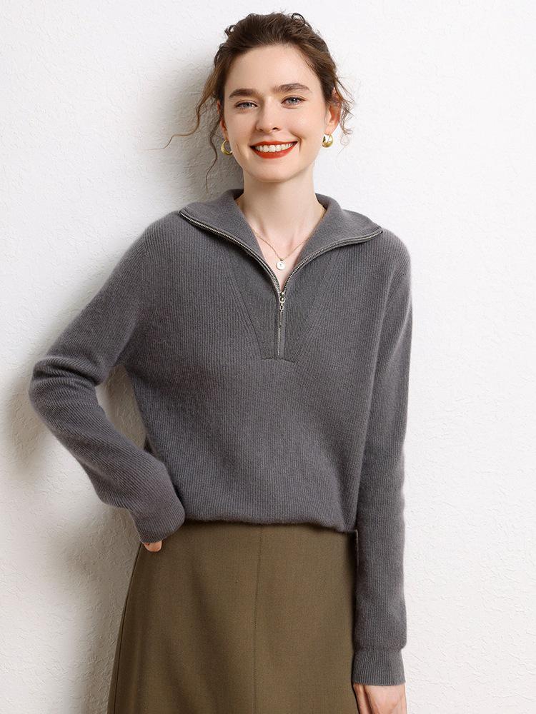 Women's Cashmere Bobble Stitch Half-High Collar Zipper Cardigan