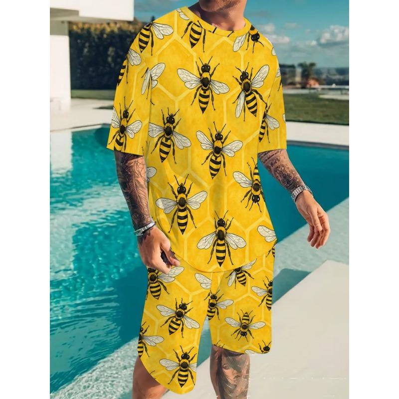 Men s Summer Bee Print Set: Yellow Tee with Cute Bee Graphic & Matching Shorts. Loose Fit Big Size for Beach & Vacation S жёлтый