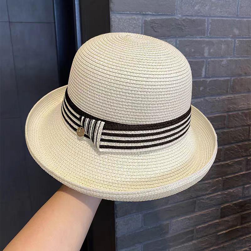 Gekräuselter Fischerhut Damen Britischer Stil Retro Eleganter Strohhut Frühling und Sommer Sonnenschutz Sonnenschutzhut Französische Zylinderhüte