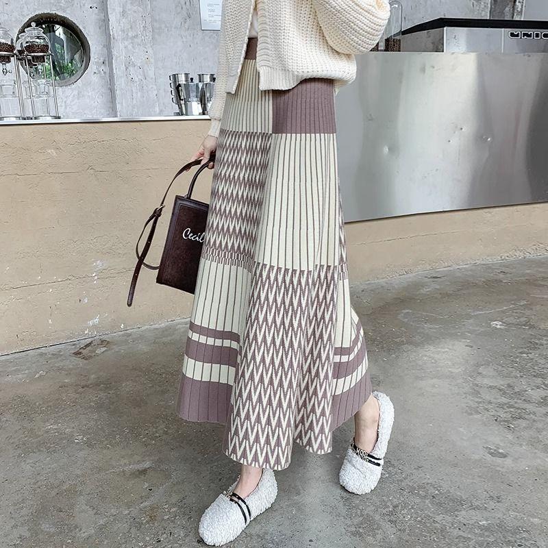 Versatile Flared Pleated Women's Autumn Winter High Waist Thickened Knitted Wool A-Line Hip-Hiding Long Midi Skirt