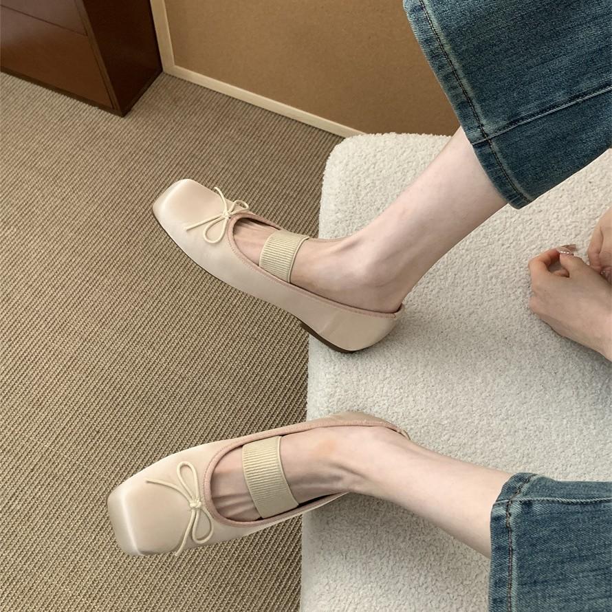 Flat-bottomed French square head small silver single shoes women's shoes 2025 new spring satin ballet gentle