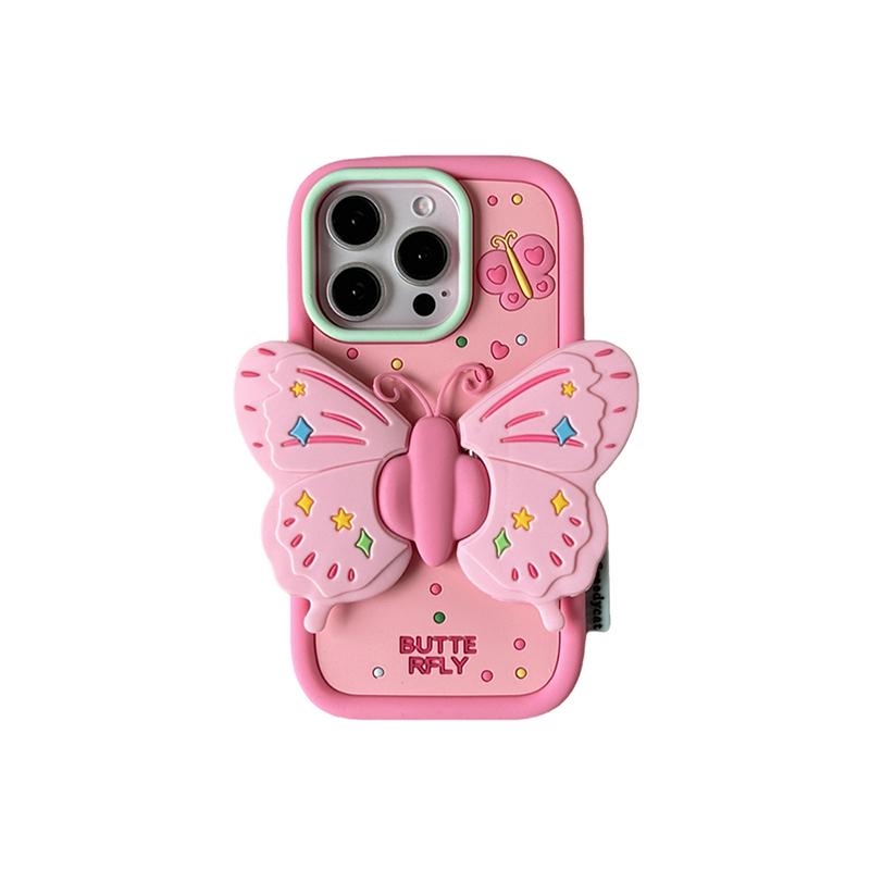 Ins Fashion Lovely Purple Butterfly Holder Stand Case For iPhone 17 15 14 13 16 Pro Max Soft Silicone Phone Cover