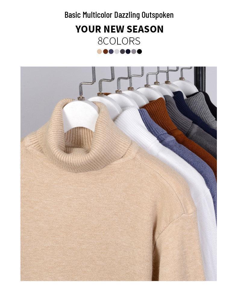 Men's Ribbed Wool High-Neck Sweater with Fleece, Warm Knitted Long Collar for Autumn and Winter