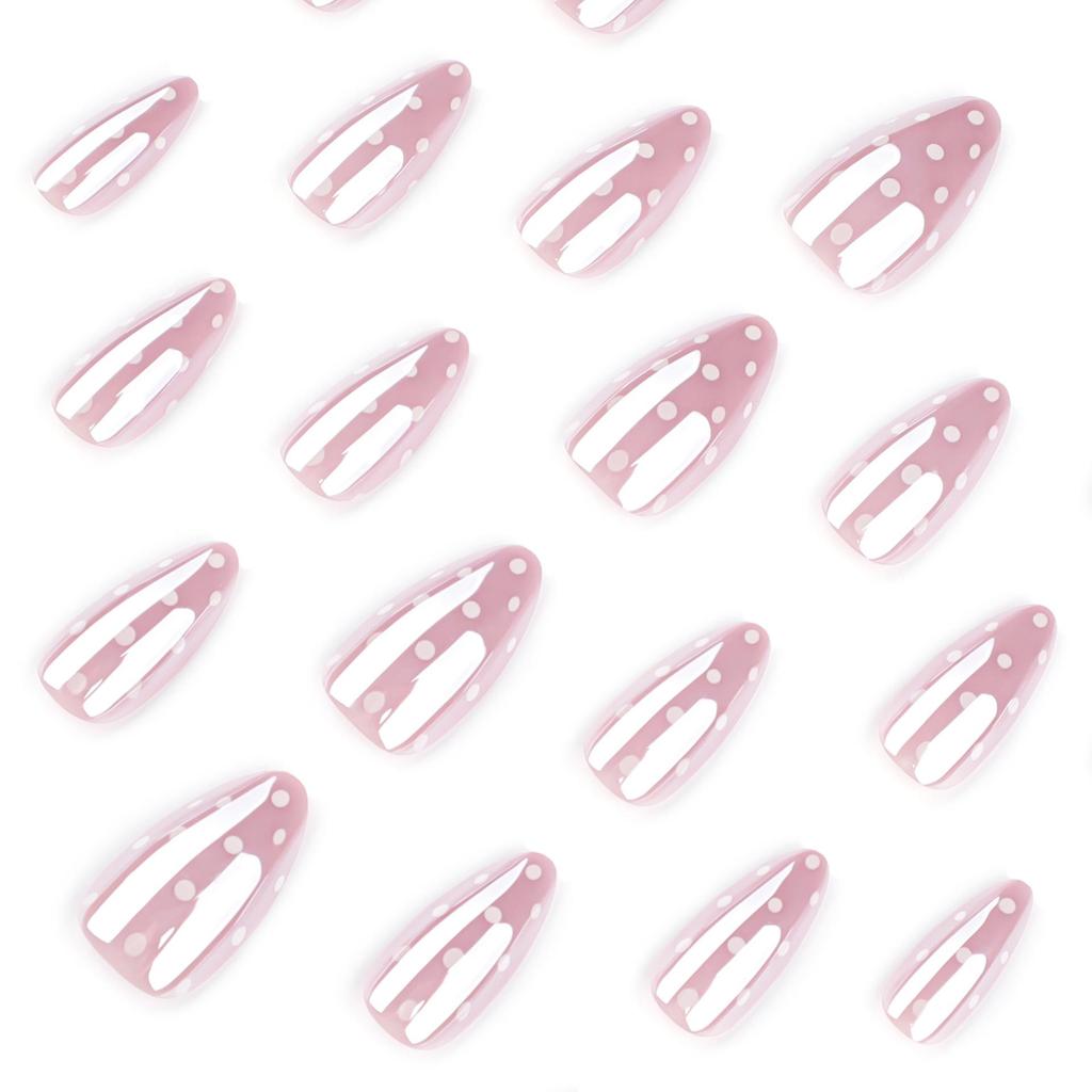 White Polka Dot Almond Sparkle Nail Art - Short Wearable Nail Pieces