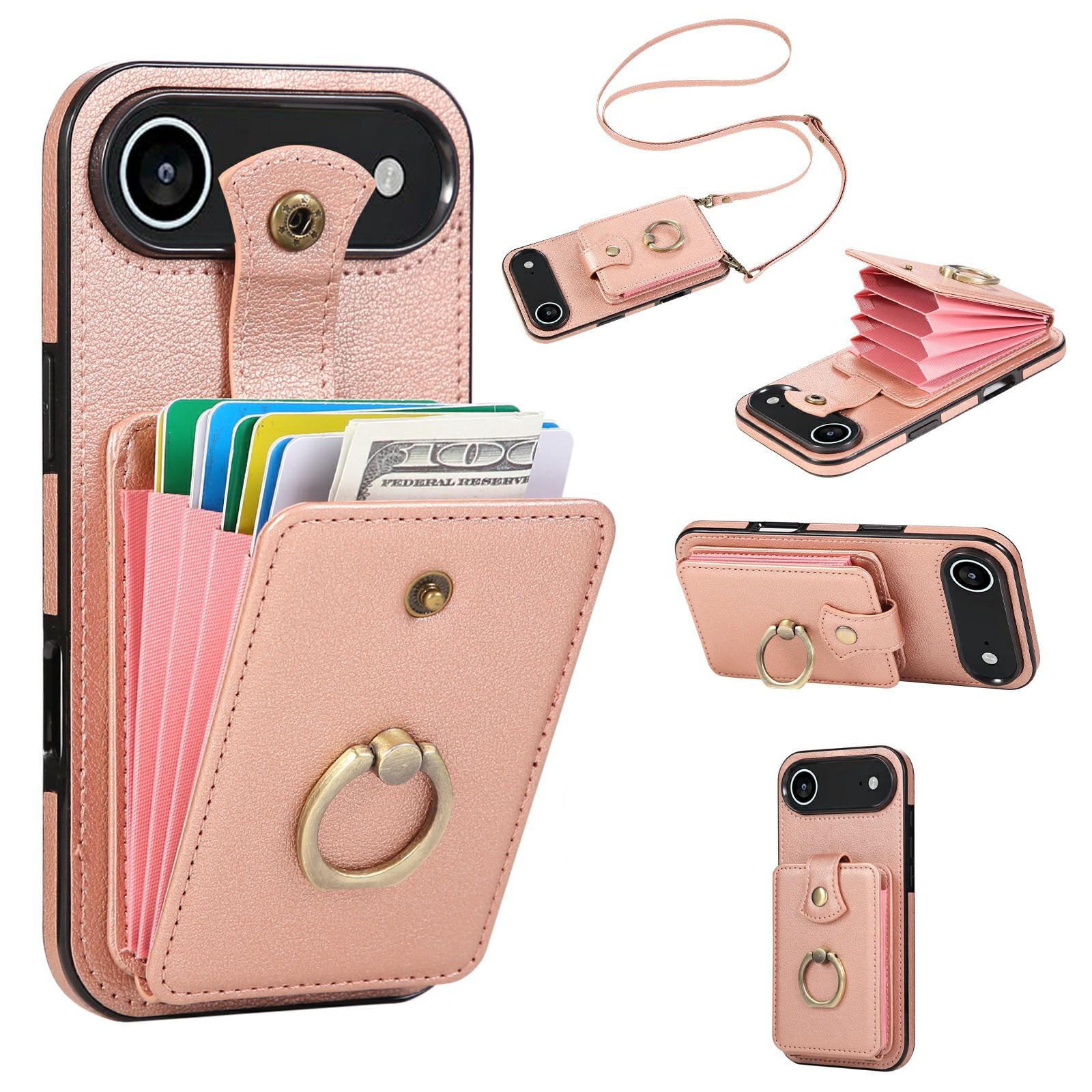 

For iPhone 17 Air Case Card Holder Ring Kickstand TPU+PU Leather Phone Cover with Long Strap Rose Gold