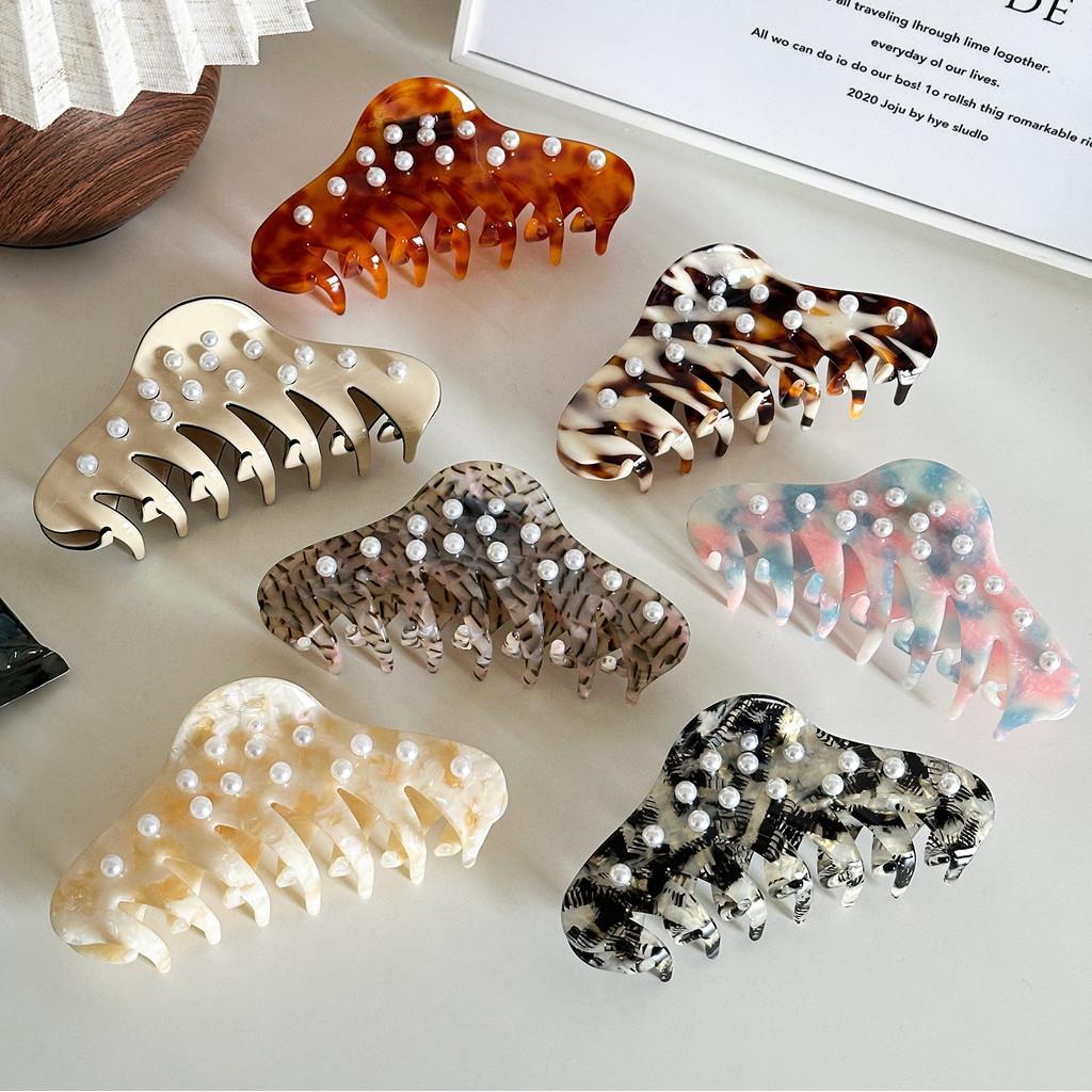 Fashionable Large Acetate Hair Claw With Pearl Accents Versatile For Any Occasion