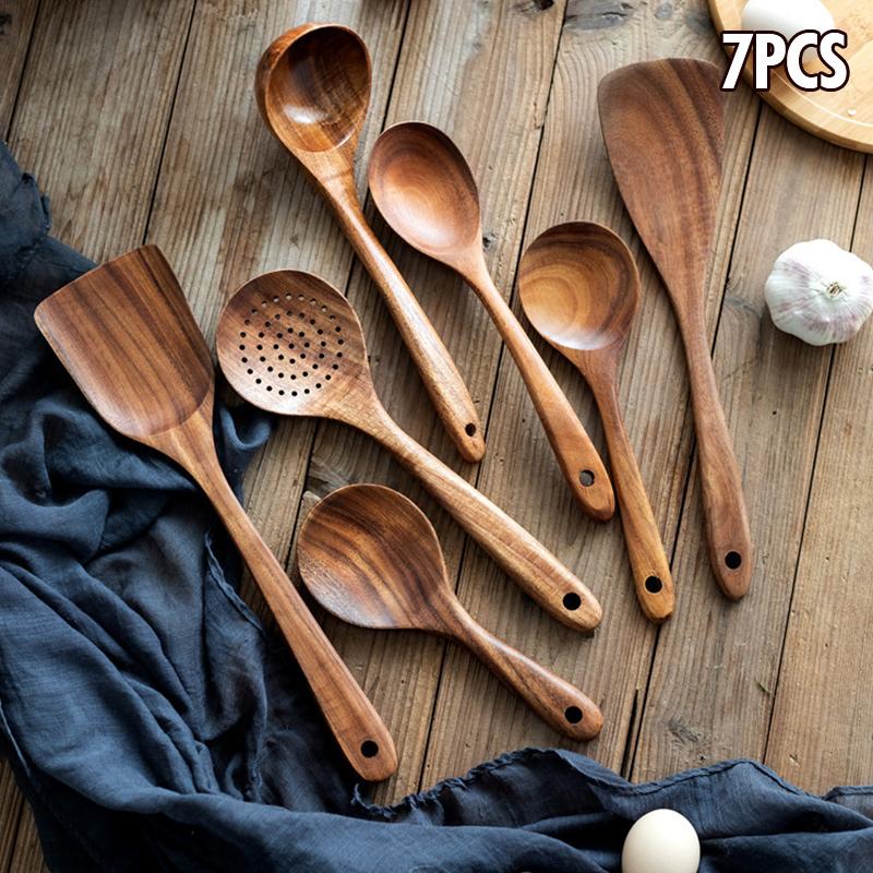 Natural Wood Kitchen Utensil Set  Eco-Friendly Cooking Tools Incl Skimmer Spoon Salad Scoop Non-Stick Rice Colander for Soup