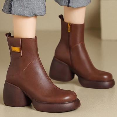 Chunky Round Toe Woman Short Shoes Autumn Winter Leather Booties Elegant with Medium Heels Ankle Boots for Women New In Pu Boot