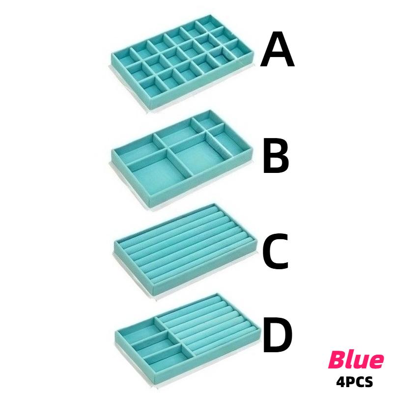 4 Pack Velvet Jewelry Organizers Featuring Multi-Section Display Board for Rings Earring Bracelet Necklaces Brooches and Watches
