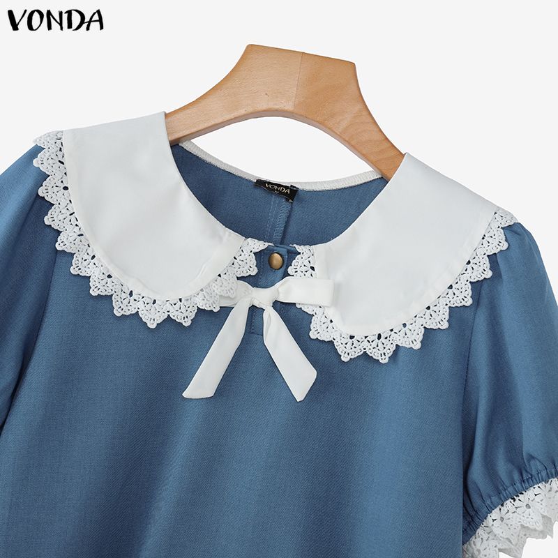 VONDA Elegant Women Turn Down Collar Lace Hem Bow Casual Short Sleeve Blouse
