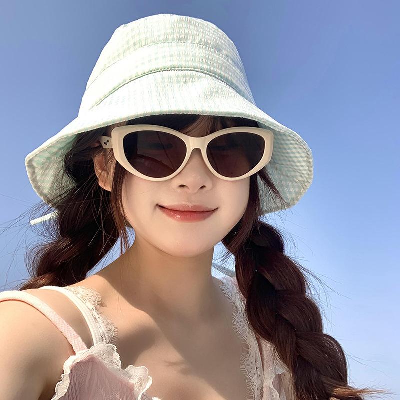 Spring New Bow Blue Plaid Fisherman Hat Children Show Washbasin Hat Sunshade Sun Hat