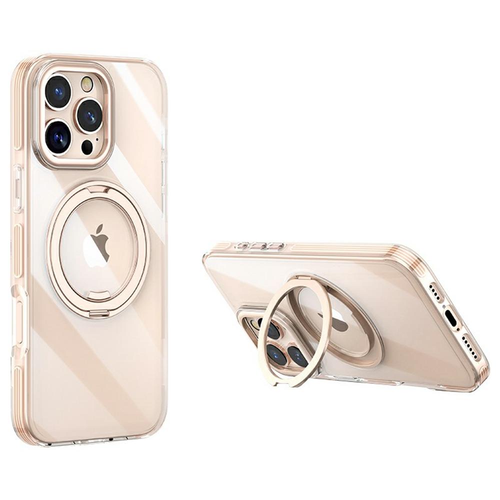 

For iPhone 16 Pro Max Case Compatible with MagSafe Gear Fulcrum Kickstand Electroplating Lens Frame PC+TPU Phone Cover Gold