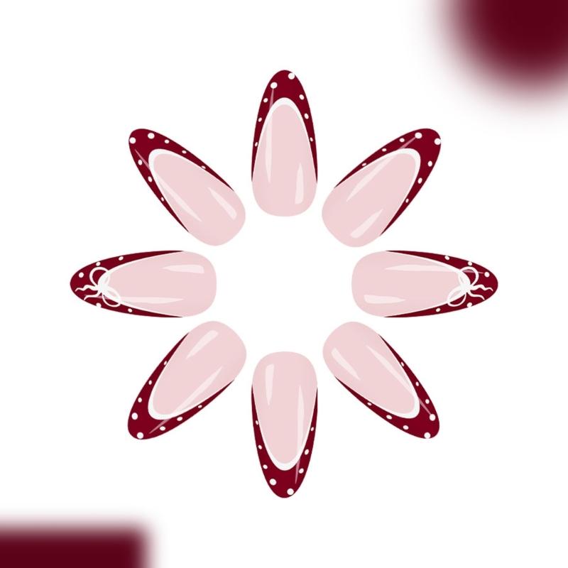 Glossy Press On Nail Almond Shaped Wine Red French Tip With White Polkas Dots and Bows Design 24Pcs for Women Party