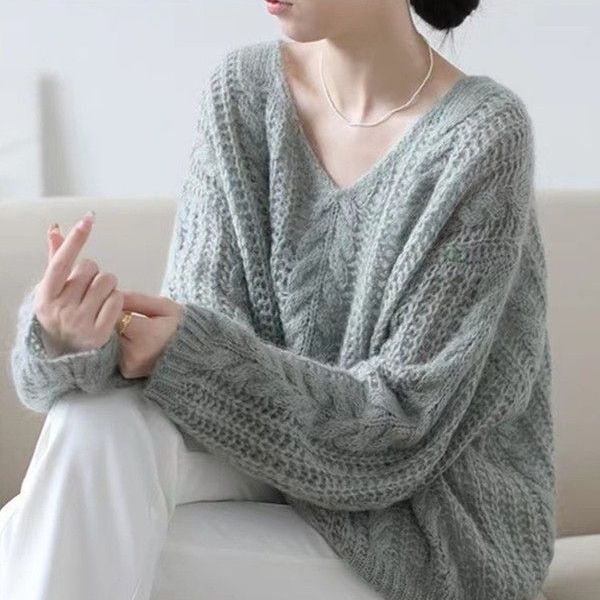 

Большой французский ленивый мохеровый свитер для женщин, весенний нежный темперамент, V-образный вырез, ажурный трикотажный свитер сверху 3XL зелёный