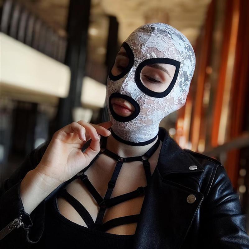White All-inclusive Lace Hood Adjustable Straps Open Mouth Mask Leather All-inclusive Cosplay Adult