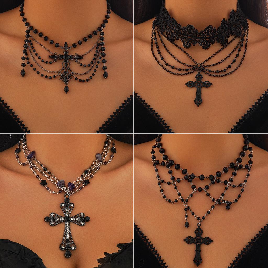 European and American Gothic Style Dark Cross Necklace, Actress Beaded Fringed Collar Necklace