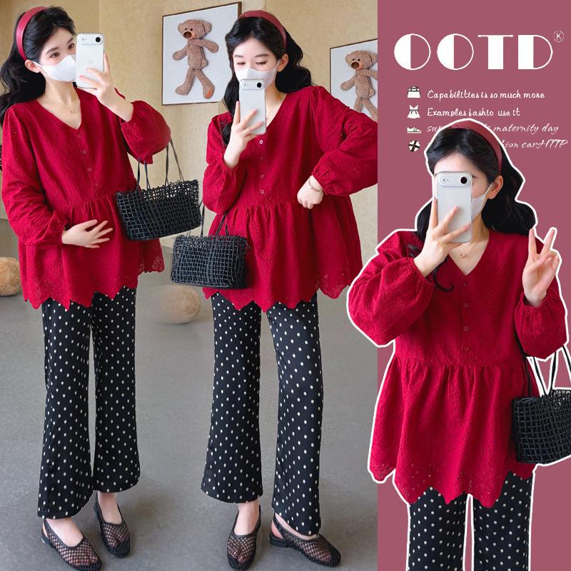 2026 Spring Korean V-Neck Lace Embroidery Sweet Doll Top for Pregnant Women 2XL