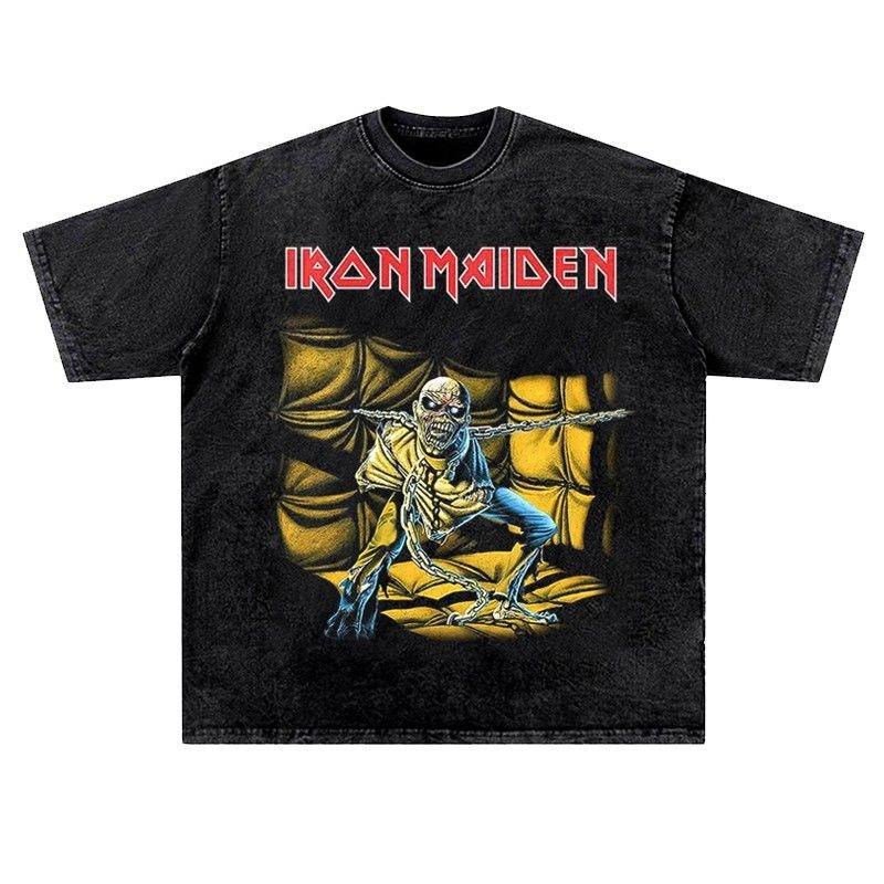 

Винтажная футболка LRON Maiden Iron Lady с эффектом варки для мужчин и женщин, американская ретро-стиль, варка, хип-хоп, уличная, короткий рукав, трендовая M