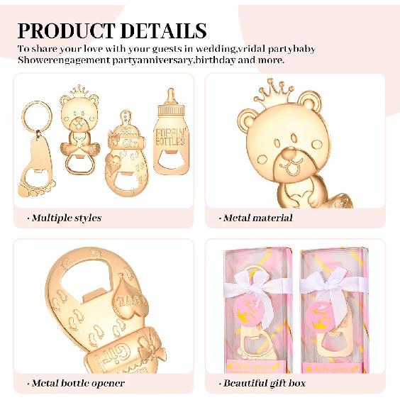 24 Pcs Baby Bottle Opener, Popping Girl Bear Footprint Keychain Bottle Openers with Pink Gift Box, Baby Shower Party Favors for Guests, Wedding