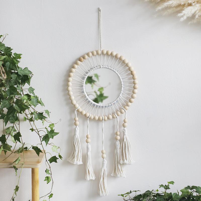 Hand Woven Wooden Beads Decorative Mirrors Wall Hanging Boho Condo Wall Decor Nordic Bedroom Living Room Hallway Home Decoration