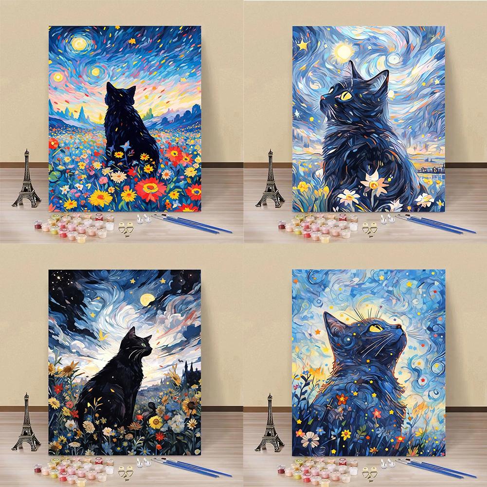 NEW Cat Paint By Numbers Kit For Adults Beginner Black Cat Acrylic Starry Sky Oil Paint Canvas With Brushes Paintwork Art Crafts