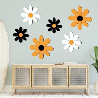 Yousheng 6Pcs/Set Rustic Wooden Flower Wall Decoration Handcrafted Black Yellow White Floral Wall Art Home Office Living Room Bedroom Wall Hanging
