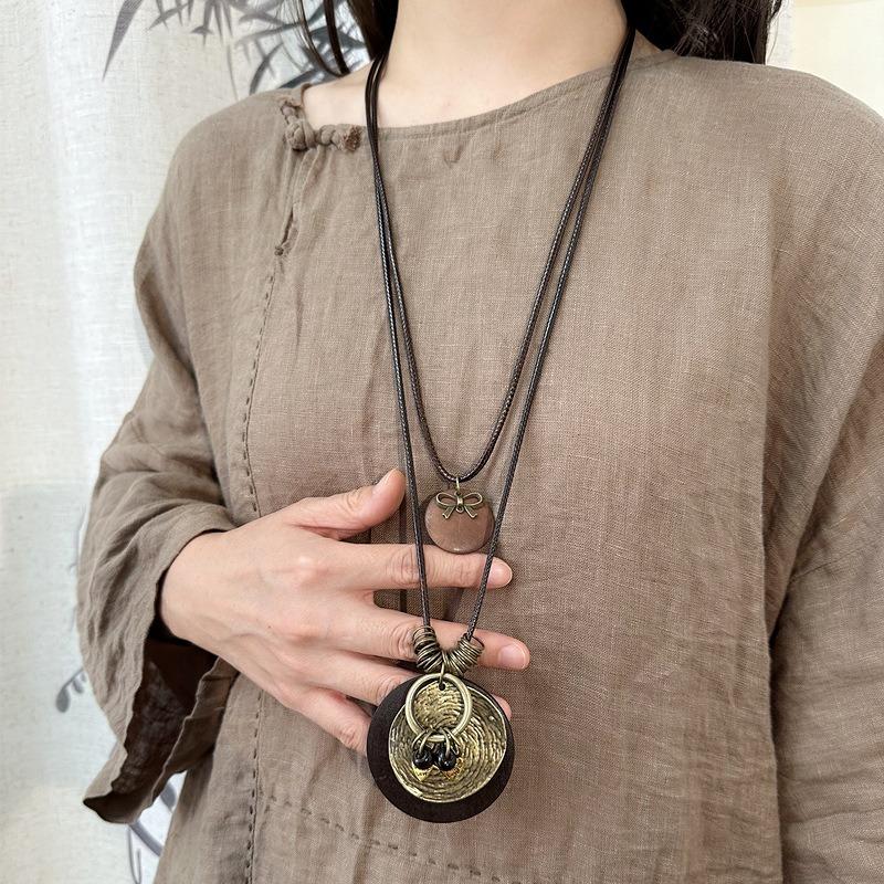 Handmade long necklace, retro literary sweater chain, niche double-layer stacked women's cotton and linen accessories