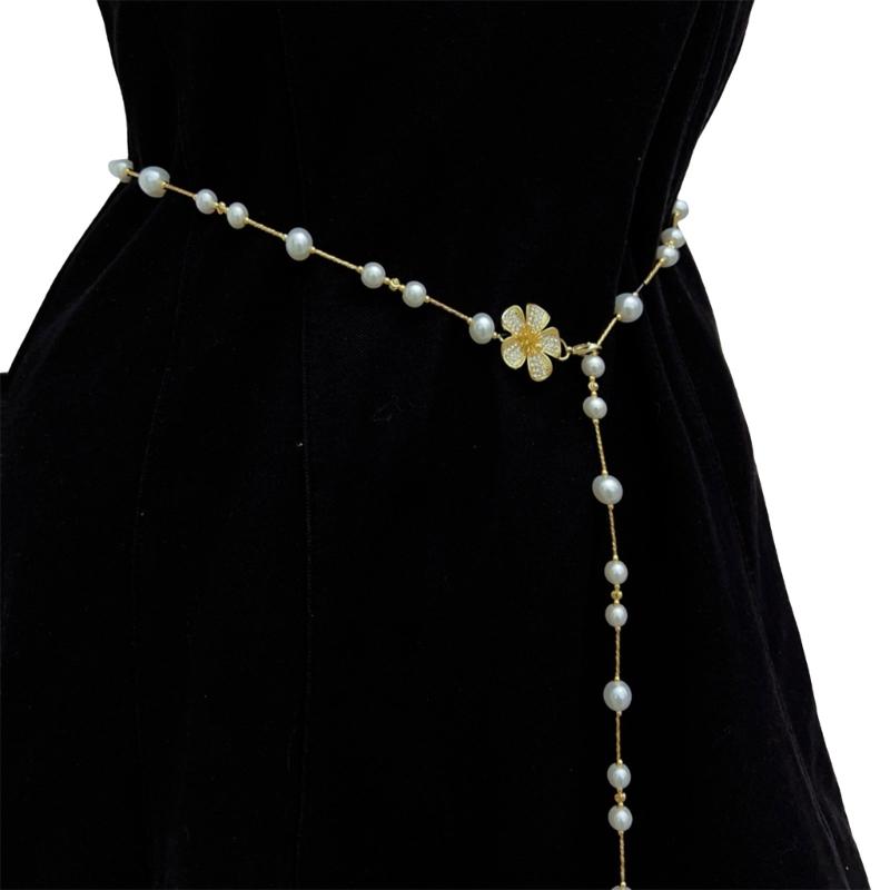 Adjustable Metallic Waist Belt Chain Necklace Adorned with Delicate Pearls for Dresses Evening Outfits or Casual Style