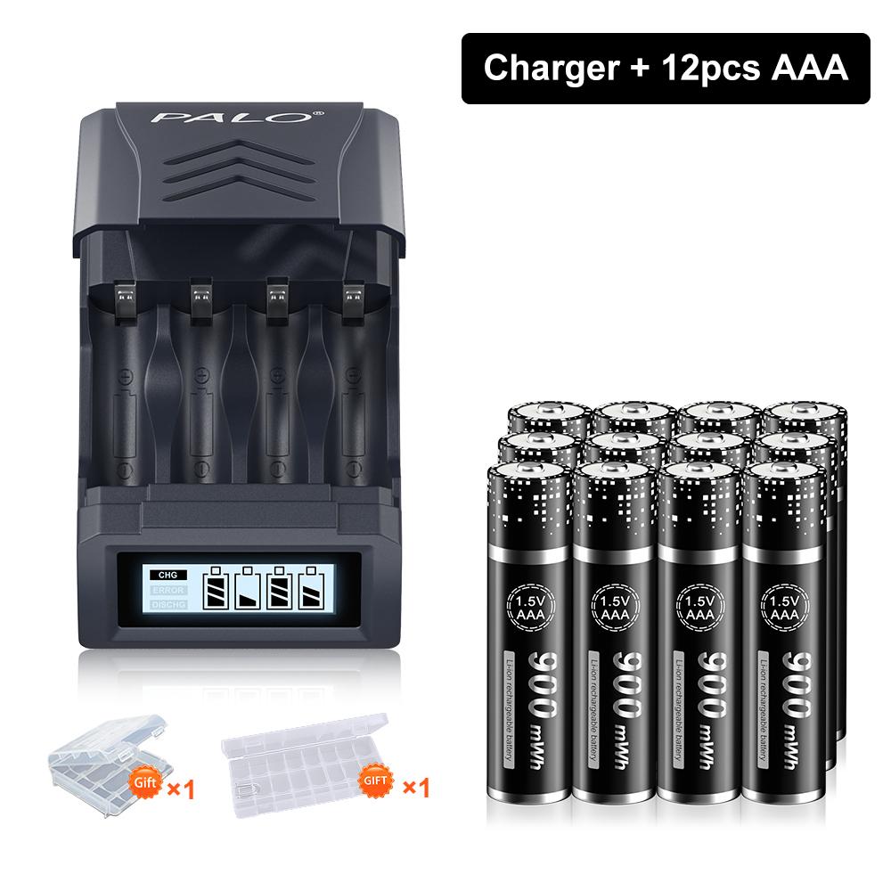 PALO 1.5V AAA Li-ion Rechargeable Battery  3A 1.5V 900mWh Lithium AAA  with 4 Slots LCD Charger For 1.5V AA  AAA  Li-ion  Battery