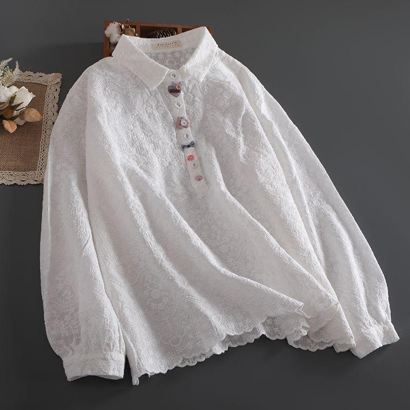 

New Arrival Artistic Janpanese Plaid Exquisite Embroidered Versatile Small Lapel Long Sleeve Shirt Women s Cotton Cartoon Buttons Cardigan White One size