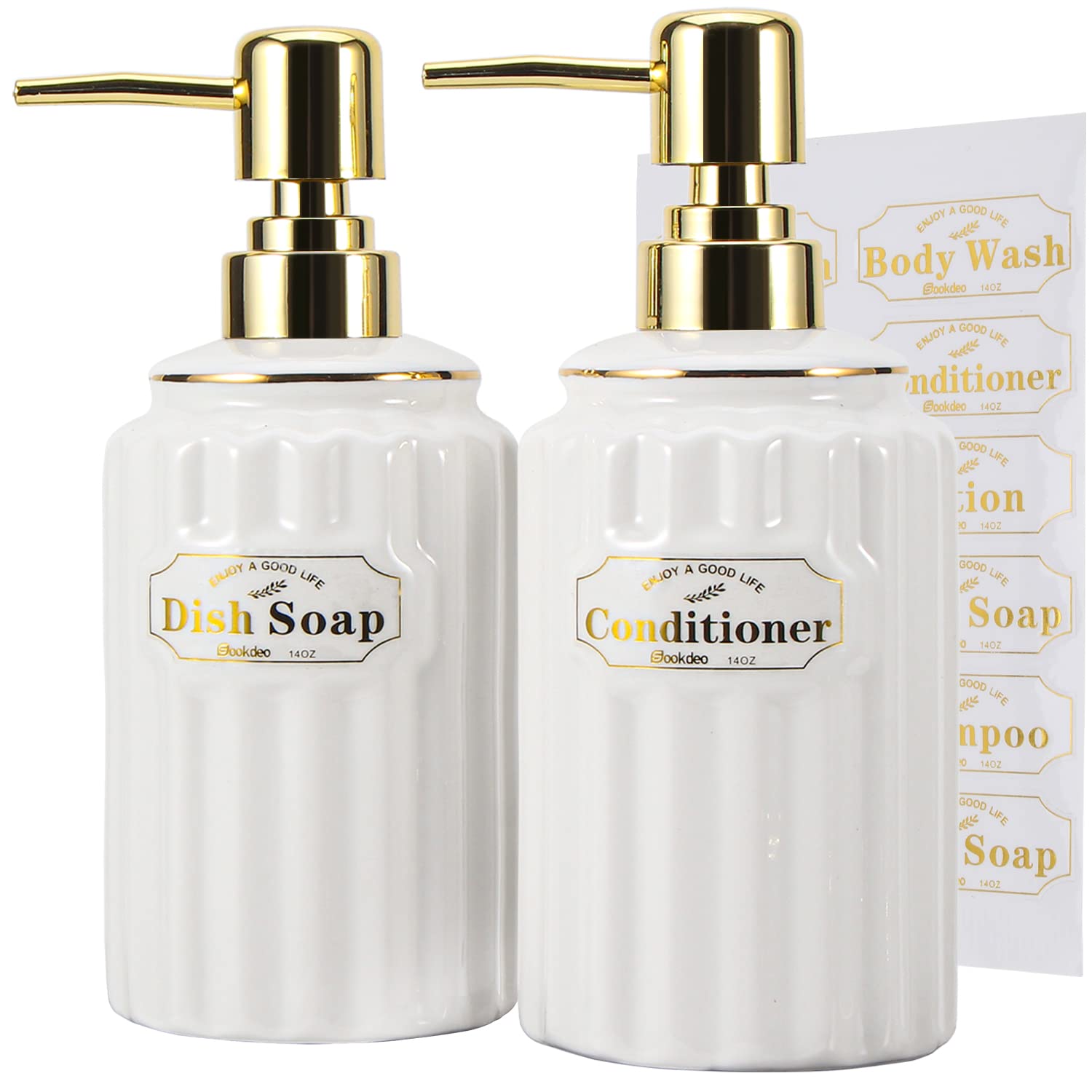 

SOOKDEO Дозатор для мыла 400 мл Керамическая бутылка с золотым насосом Водонепроницаемая этикетка для рук, средства для мытья посуды, геля для тела Идеально для гостиной Набор из 2 - и шампунь, мыло, белый