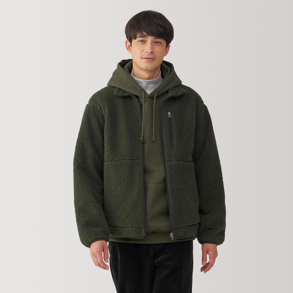 MUJI Men's Boa Fleece Jacket, Dark Green, Size S (AB1MWA4A)