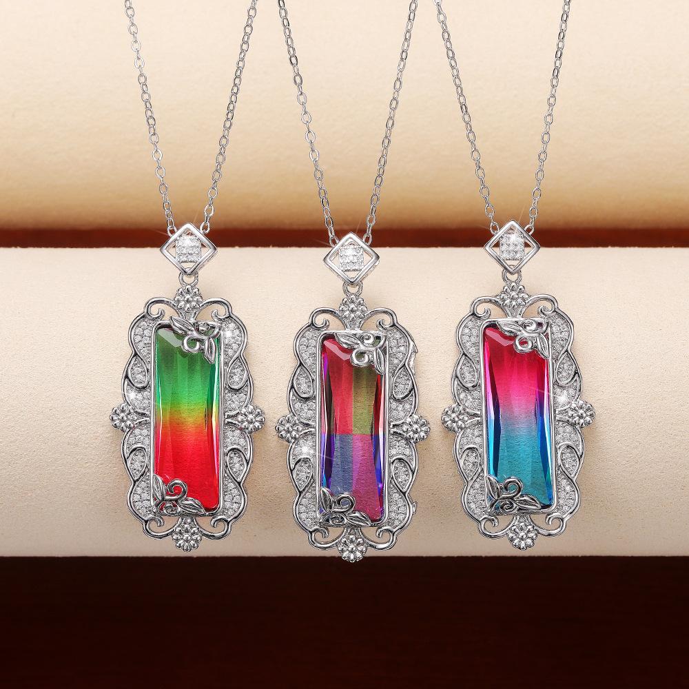 Silver Plated Marquise Cut Gradient CZ Pendant Necklace, Ornate Floral Vintage Cable Chain Necklace for Women